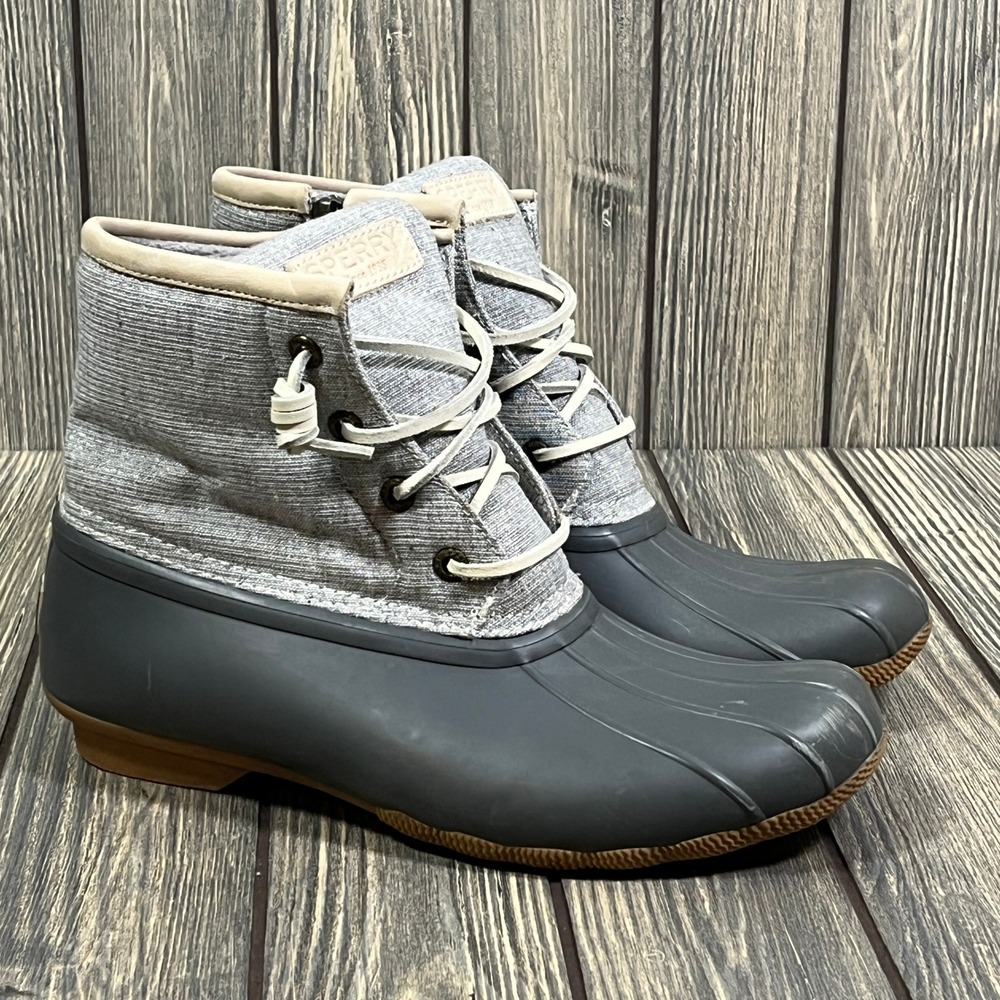 Sperry Saltwater Duck Boots Women 7.5 Gray Shimmer Waterproof Rain Snow STS83235